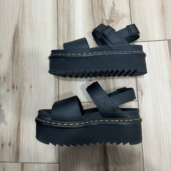 Dr. Martens Shoes - Dr. Martens Black Platform Sandals with Yellow Stitching